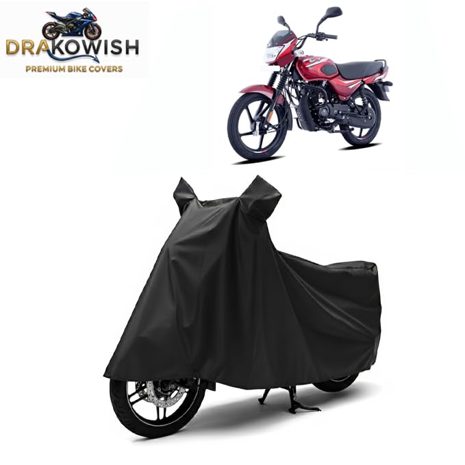 Image of DRAKOWISH Waterproof Bike Cover for Bajaj CT100 | All Weather Protection from Rain, Dust, Heat & Scratches with Mirror Pockets & Buckle Belt | CT100 Bike Cover