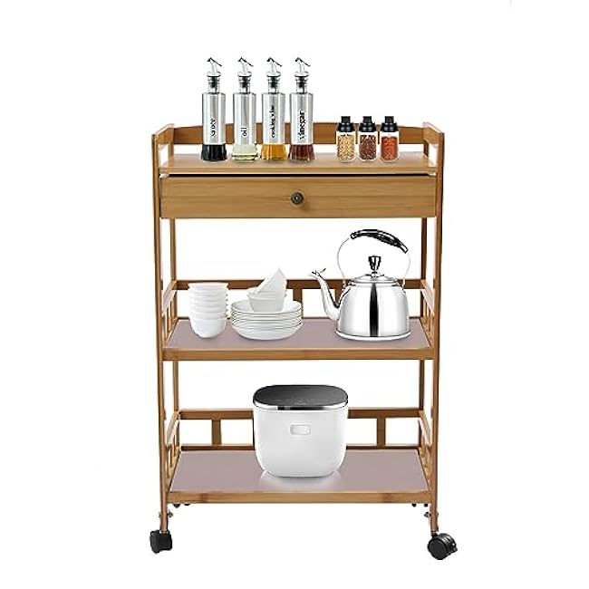 3-Tier Bamboo Entertainment Kitchen Cart Mobile Shelves Cart Coffee Cart w/Silent Wheel & Storage Drawer for Home, Kitchen, 20.9 * 11.8 * 31.5in-MiBCHcQ8