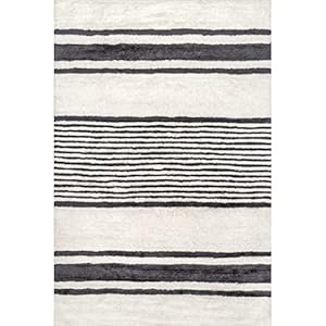 Rugs USA x Lauren Liess Striped Wool Machine Washable Area Rug 4×6 Ivory