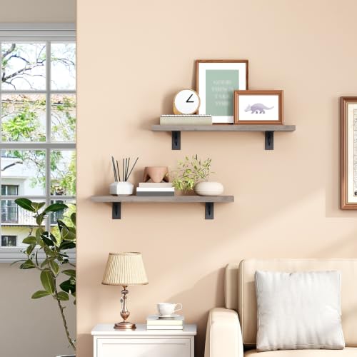 Image of HOOBRO Floating Shelves for Wall, 15.7 inch Wall Mounted Shelves Set of 2 | Hanging Storage Shelf with Metal Brackets, Wooden Shelf for Living Room, Bedroom, Bathroom, Greige and Black
