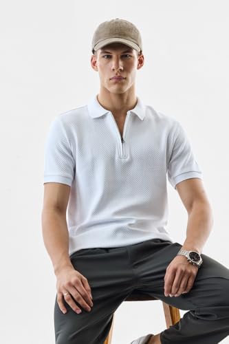Image of SNITCH Men's Polo T-Shirt | Textured Design & Zipper Closure | 100% Cotton Fabric, Breathable & Durable | Regular Fit, Casual Wear