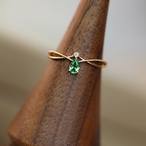 925 Sterling Silver Birthstone Ring for Women Non Tarnish Stackable Ring 14K Gold Plated Pear Teardrop Green Cubic Zirconia Crown V Engagement Promise Wedding Christmas Jewelry Gift for Her4