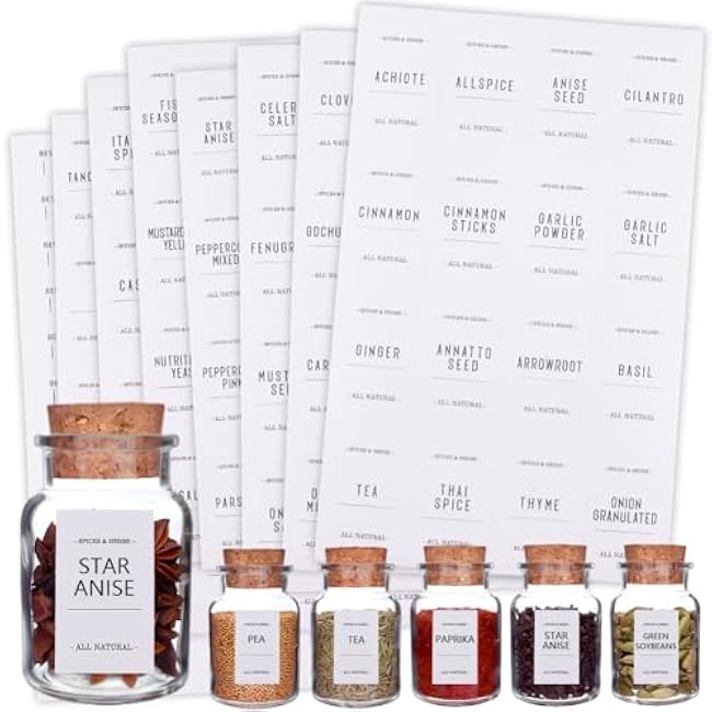 16 Sheets White Spice Labels Stickers Spice Jar Labels PVC Waterproof Blank Self Adhesive Rectangle Preprinted Pantry Decals Organizers Sets for Kitchen Food Box Bottles Seasoning Containers