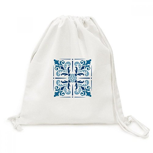 Toile drawstring backpack bleu maroc avec illustration fleur pour voyage et loisirs