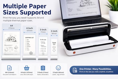 Image of A4 Wireless Mini Thermal Printer, Inkless Portable Printer with 203 DPI, Bluetooth & USB Connectivity, for Students Office Home Business Invoices Receipts Documents Travel