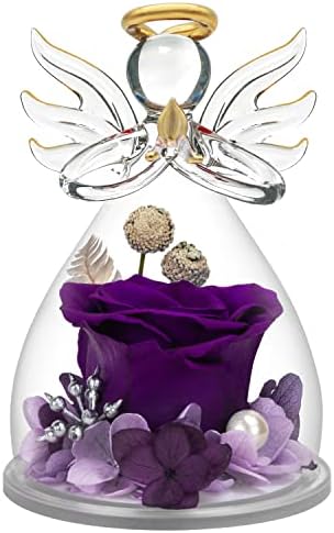 encavy Preserved Flower Rose Gifts in Glass Angel Figurines,Birthday Gifts for Women,Angel Rose Gifts for Her, Mom Gifts from Daughter Son, Purple Real Rose Flower Gifts for Her Grandma Wife
