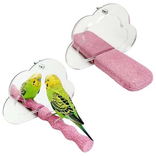 Image of PINVNBY 2 PCS Bird Perch with Mirror Resin Parakeet Perches Hanging Parrot Toys Interactive Bird Cage Accessories for Cockatiel Conure Lovebird Finch (Pink)