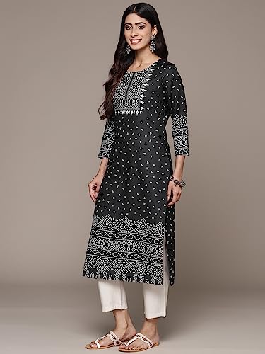 Image of ishin Women's Silk Ethnic Motifs Black Straight Kurta
