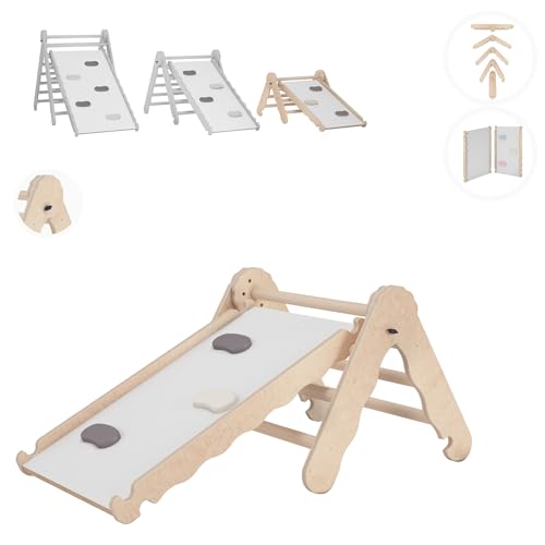 MAMOI® Klettergerüst Indoor, Kletterdreieck mit Rutsche aus Holz, Kletterturm mit Rutschbrett, Kletterbogen, Regenbogenwippe, Montessori Spielzeug