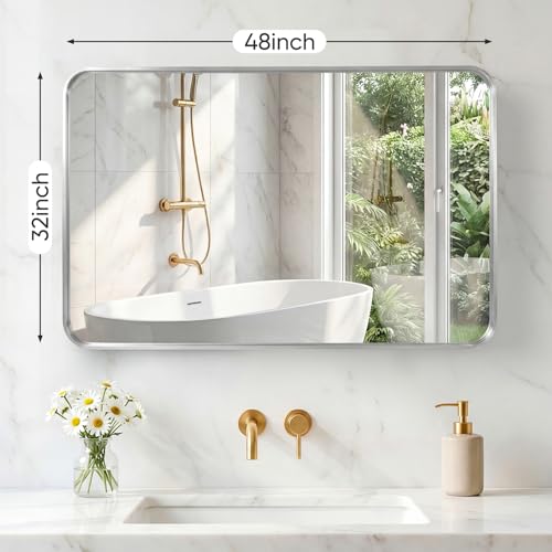 Image of Sweetcrispy Bathroom Mirror 48x32 Inch Metal Framed Rounded Rectangle Vanity Mirror for Wall, Over Sink, Farmhouse, Restroom, Anti-Rust, Modern Decorative, Horizontal or Vertical Hanging, Silver