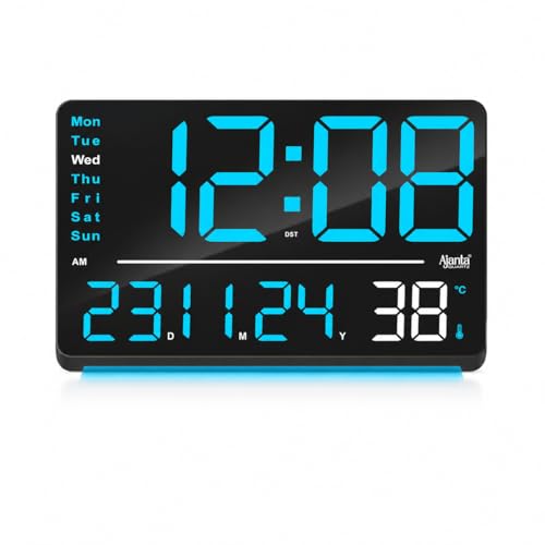 Image of Ajanta Digital Wall Clock with RGB Night Light, Temperature, Calendar and 12 /24H Format (Blue, 33 x 22 cm)