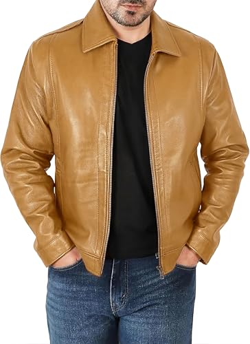 Image of Vintage Leather Jacket Men - Real Lambskin Turndown Collar Mens Leather Jacket