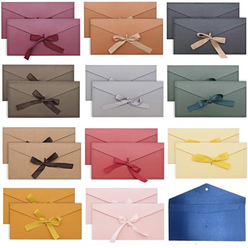 24 Piezas Vintage Kraft Cinta Sobres, Sobres de Colores para Tarjetas Regalo, Sobres con Lazo para Invitaciones de Boda, Tarjetas de Felicitación, Manualidades, 11 x 22cm (12 Colores)