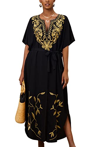 YOUKD Brodé Floral Lâche Caftan Boho Beach Bikini Cover Up Robe Plus Taille Robe pour Femmes