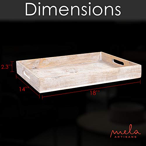 Rustic Wooden Serving Tray with Handles - Stylish Farmhouse Tray for Coffee Table, Ottoman Tray for Living Room, Breakfast in Bed Tray - Decorative Mango Wood Serving Tray in Whitewash Finish (Small) - Thumbnail 2