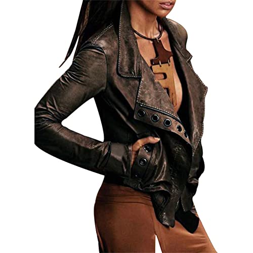 Veste en cuir femme manteau court décontracté manches longues revers