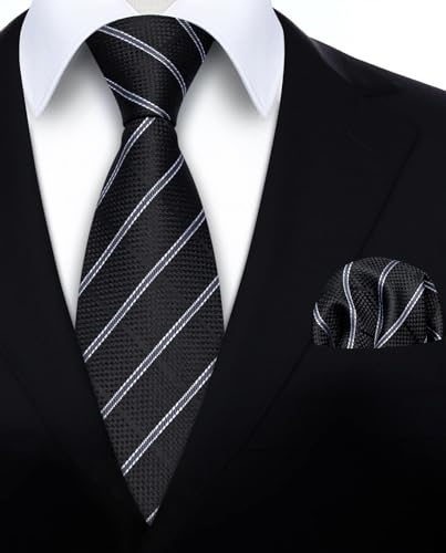 Image of HISDERN Mens Ties Set Stripe Plaid Ties for Men and Pocket Square Cufflinks Formal Silk Necktie Wedding Business