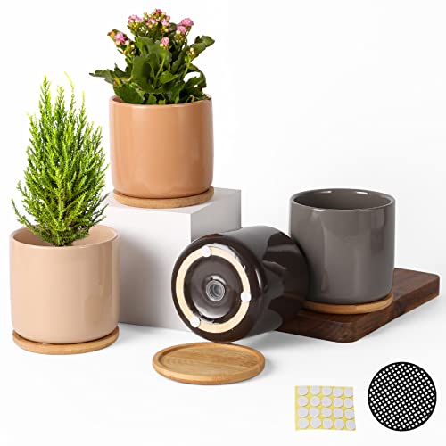 Omaykey 4 Inch Ceramic Plant Pot With Bamboo Saucer, Multicolor Bright Glazed Planters Pots With Drainage Hole And Mesh Pads For Succulent, Indoor Flowers, Snake Plants, Cactus, Herbs, Set Of 4 #TOP8