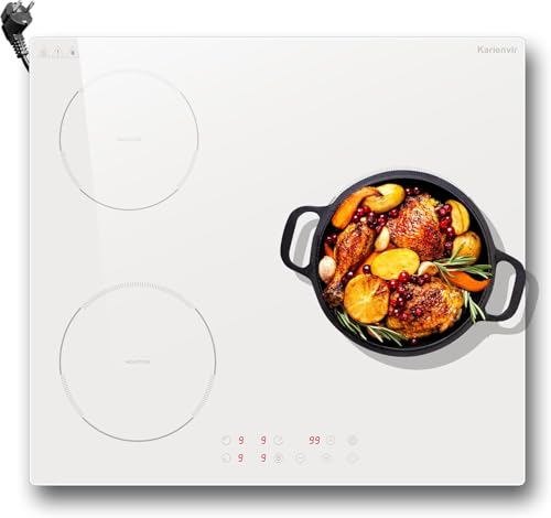 Karienvir Plaque Induction 3 feux Blanc, 60cm Plaque à Induction avec Prise, 3500W Plaque de Cuisson Electrique Posable 3 foyers, contrôle tactile, Boost,...