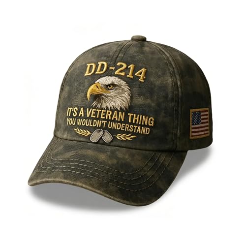 DD-214 Army Veteran Hat, Vintage Adjustable Embroidered Badge Patriotic Cap