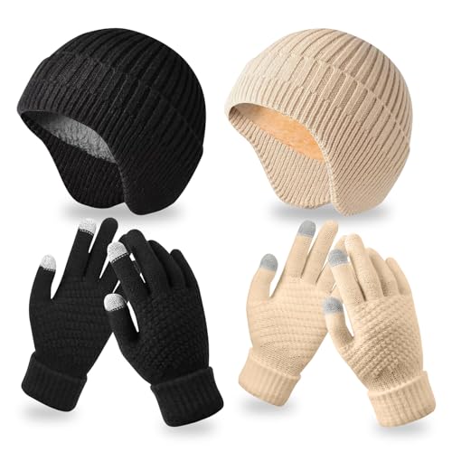 4 Pack Baby Hat and Glove, Unisex Winter Baby Toddler Hat Glove Set, Kids Winter Beanies with Gloves Knitted Beanie Hats Soft Toddler Beanie Cap Gloves Set for Boys Girls, Age 6 to 14