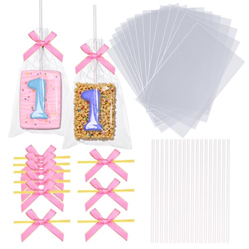 50 bolsas transparentes de arroz Krispie de 4 x 6 pulgadas con palos y lazos, kit de arroz, bolsas envueltas individualmente para malvavisco, Mcaron Pop, caramelo, manzana, galletas, pastel, mineral