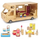 RV Camper Dollhouse for Kids, Wooden Rolling Motorhome with Full Furniture Set, Travel Doll House Toy with Miniature Rooms for Boys & Girls, Pretend Play Adventure Home