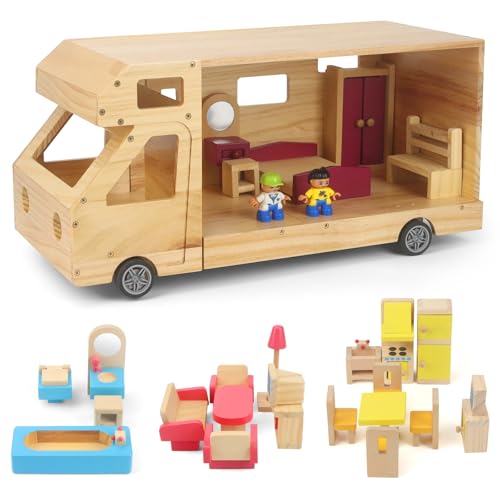 Maison de poupée en bois complète pour éviter l'ennui avec meubles et camping-car