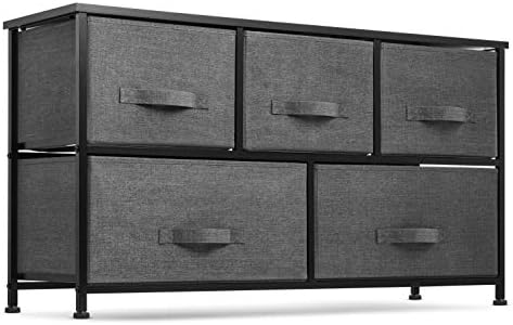 5 Drawer Dresser Organizer Fabric Storage Chest for Bedroom, Hallway, Entryway, Closets, Nurseries. Furniture Storage Tower Sturdy Steel Frame, Wood Top, Easy Pull Handle Textured Print Drawers