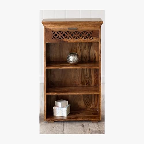Image of Sheesham Wood Book Shelf with Open Cabinet and Drawer Storage for Home Living Room Library Office Furniture Wooden Bookcase Unit Display Rack (Honey Finish)