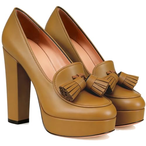 Image of SHODENSE Women Vintage Chunky Platform Loafers Pumps Tassel Round Closed Toe Slip On Suede Block High Heel Dress Loafer Shoes Buckle Strap Oxford Loafers Fringe Pump Dressy Chic Sexy Y2k 4-11 M US