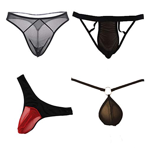 Men's 4 Styles Pack Mesh Thongs Lingerie Breathable Briefs Sexy Underwear See-Through Hot Underpants for Boyfriend Husband