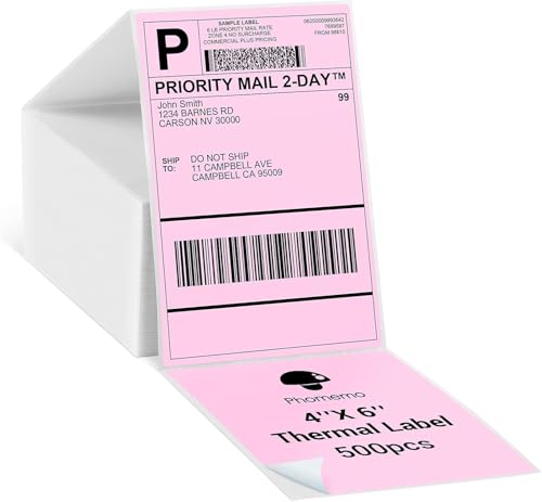 Phomemo 4x6 Direct Thermal Labels, Pink Fanfold Shipping Labels, 500 PCS