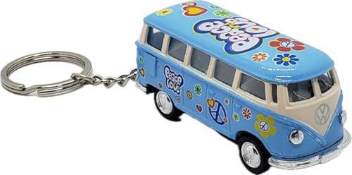 KiNSMART 1962 Volkswagen Classic Hippie Love & Peace Bus 1:64 Scale 2.5 Inch Die Cast Metal Model Key Chain, Pullback Action (Blue)