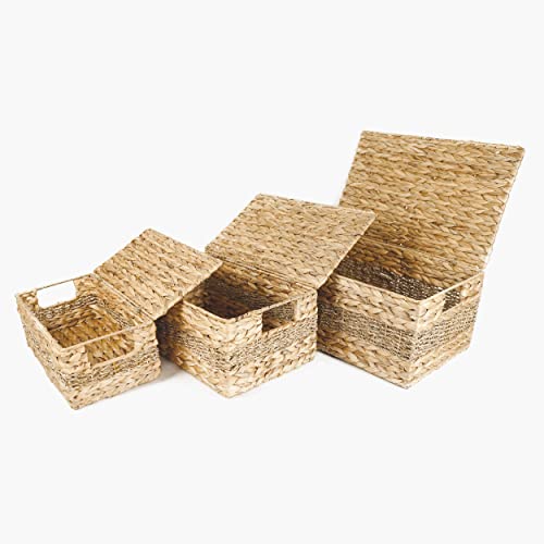 Manteiv Set Of 3 Water Hyacinth Pantry Rectangle Basket With Lid - Natural Woven Kitchen Organizer Closet Storage Cubes - Toy Storage Water Bottle Fruit Organizer Laundry Basket #TOP13