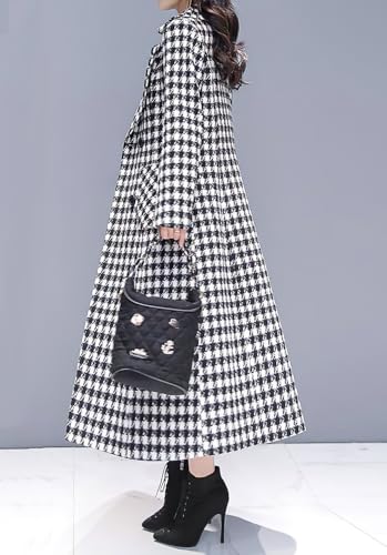 chouyatou Women's Houndstooth Notched Collar Double Breasted Overcoat Plaid Wool Blend Long Trench Coat3