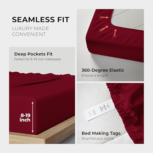 Image of THREAD SPREAD 100% Egyptian Cotton Queen Sheets Set - 1200 Series Plush Collection Luxury Egyptian Cotton Sheets Queen Size Deep Pocket (4 PC, Burgundy), Soft, Cooling, Sateen Weave Sheet Set