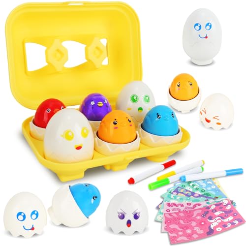 Guiffly Juguete de Huevos Plástica, 6 Pack Huevos Juguetes Reconocimiento de Formas y Colores Juguetes Montessori, Huevos Colores Regalos de Pascua para Niños y Niñas