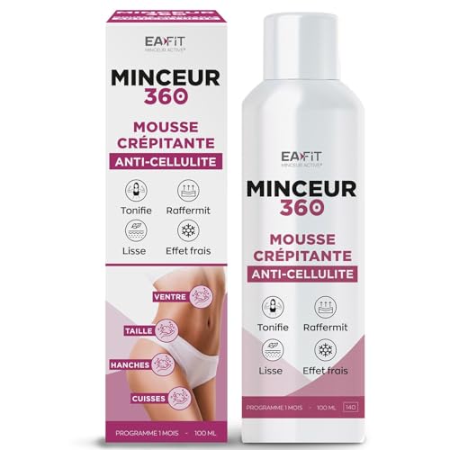 EAFIT ANTI CELLULITE MINCEUR 360 - Mousse Crépitante Anti Cellulite - Ventre Plat, Tonifie, Raffermit, Lisse la peau - Cafeine et Menthol - Extrait d'Hamamelis + Cerise - Vegan - 70/100 Yuka - 1 mois