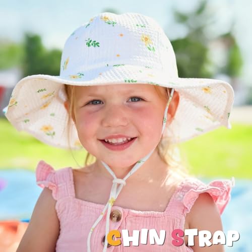 Image of HONGTEYA Baby Sun Hat Toddler Girl Beach Hat Sun Protection Adjustable Outdoor Summer Wide Brim Bucket Hat for Infant Kids