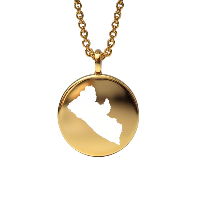 Pendentif carte du Libéria en argent sterling plaqué or 14 carats, forme ronde de 24 mm et épaisseur de 1,5 mm, breloque Terre, bijou de voyage délicat | Médaillon gravé aventure | LKB_MAP_574
