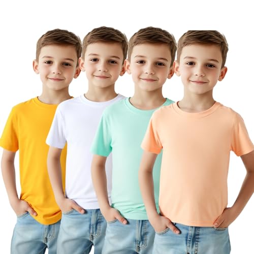 Image of HILEELANG Kids Boy Basic Plain Cotton T-Shirts Short Sleeve Crew Neck Summer Tees 4packs 6-12 Years