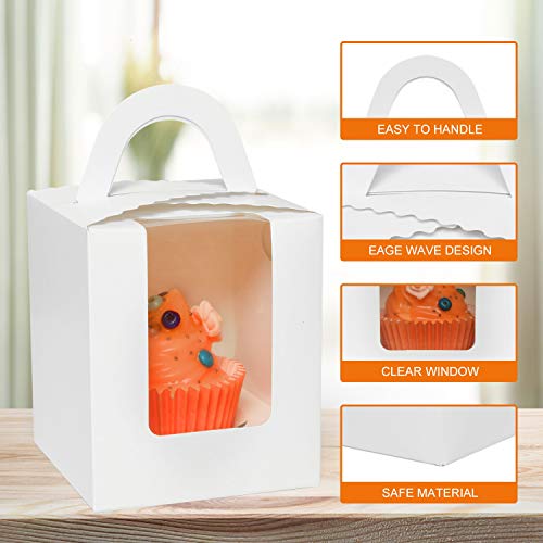 Gonioa 60Pcs White Single Cupcake Boxes,Cupcake Carriers Individual Containers with Handle and Window,Pastry Containers Muffins Cupcake Carriers for Baby Shower Wedding Birthday Party Favor