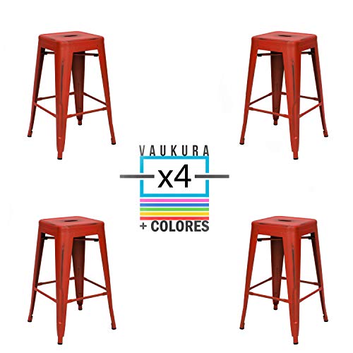 Vaukura Taburete Medio Oliix Vintage (Pack de 4) - Taburete Industrial Medio Tolix (Rojo)