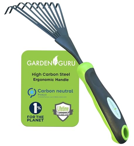 Garden Guru Hand Rake Soil Tiller Tool with Ergonomic Handle – Strong Carbon Steel - Rust Resistant – Great for Gardening, Cultivating, Loosening Soil & Spreading Mulch, Raking Flower Beds