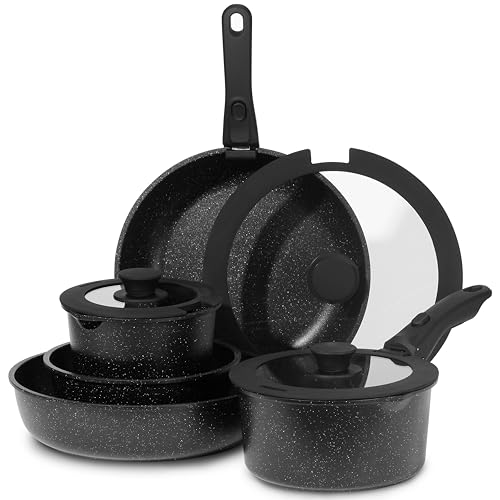 Image of ESLITE LIFE Nonstick Cookware Sets with Detachable Handle,Ceramic Coating Pots and Pans Set Kitchen Cooking Set, Compatible with All Stovetops, PTFE & PFOA Free, Black, 10 Pcs Set