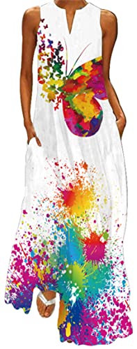 Ocean Plus Ärmellose Vintage Bedruckte Maxikleider mit V-Ausschnitt für Damen im Sommer Langes Kleid