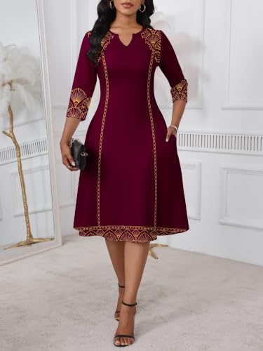 Image of PinkPatty Women's Casual 3 /4 Sleeve Midi Dresses Fit and Flare Church Work Dress with Pockets