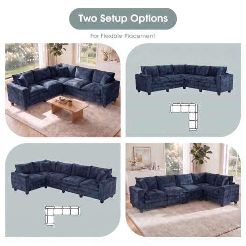 Image of 97 inch V Shaped Sectional Couch, Comfy Chenille Upholstered Modular Cloud Sofa, Convertible L Shaped Corner Couch with Storage Armrests & 2 Pillows, 5 Seat Sectional Couches for Living Room, Blue
