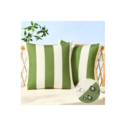 Allorry Outdoor Pillow Covers 18x18 Set of 2 Olive Green Striped Decoration Throw Pillow Covers for Spring Summer Outdoor Waterproof Garden Patio Furniture Sofa Bed Home Decor JB007-B18